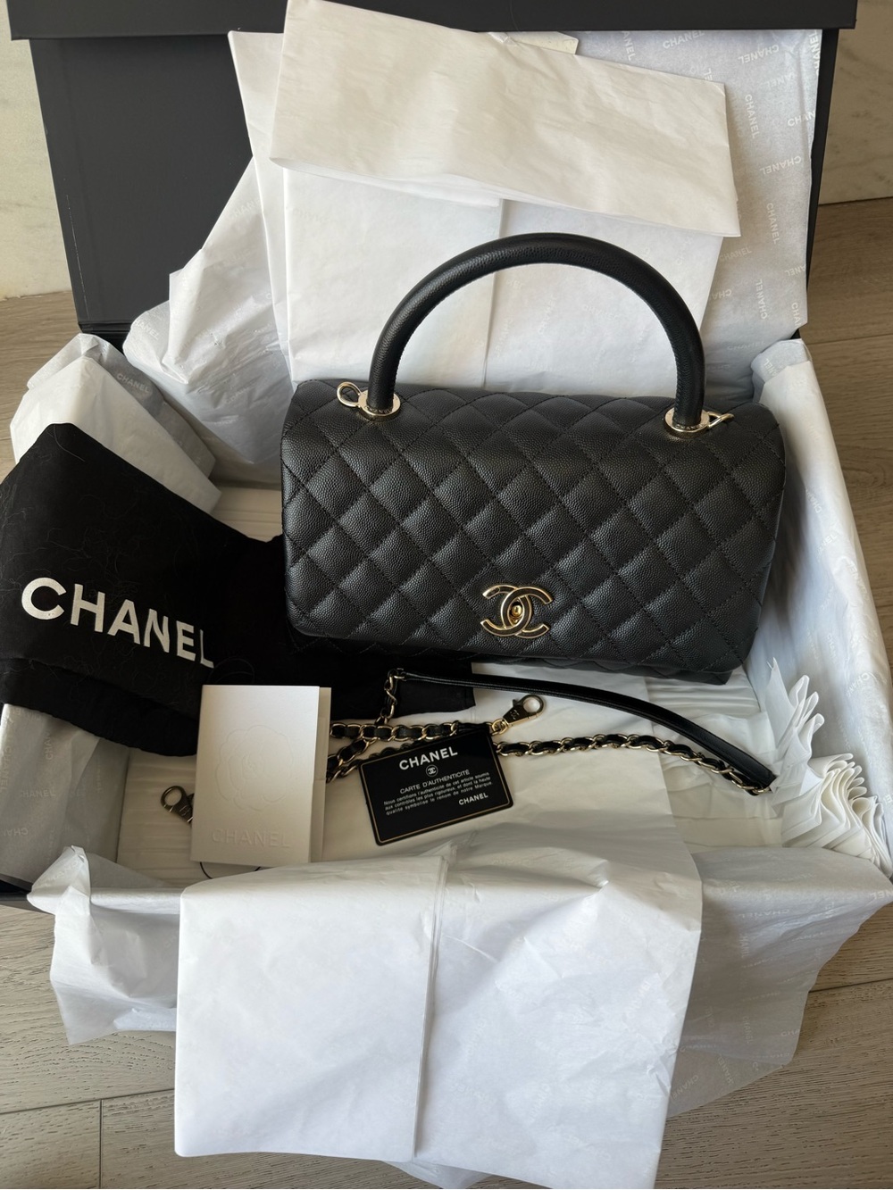 CHANEL Black Quilted Top-Handle Satchel with Gold Hardware